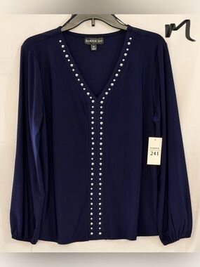Harper Navy V-Neck Long-Sleeve Blouse with Silver Stud Accents